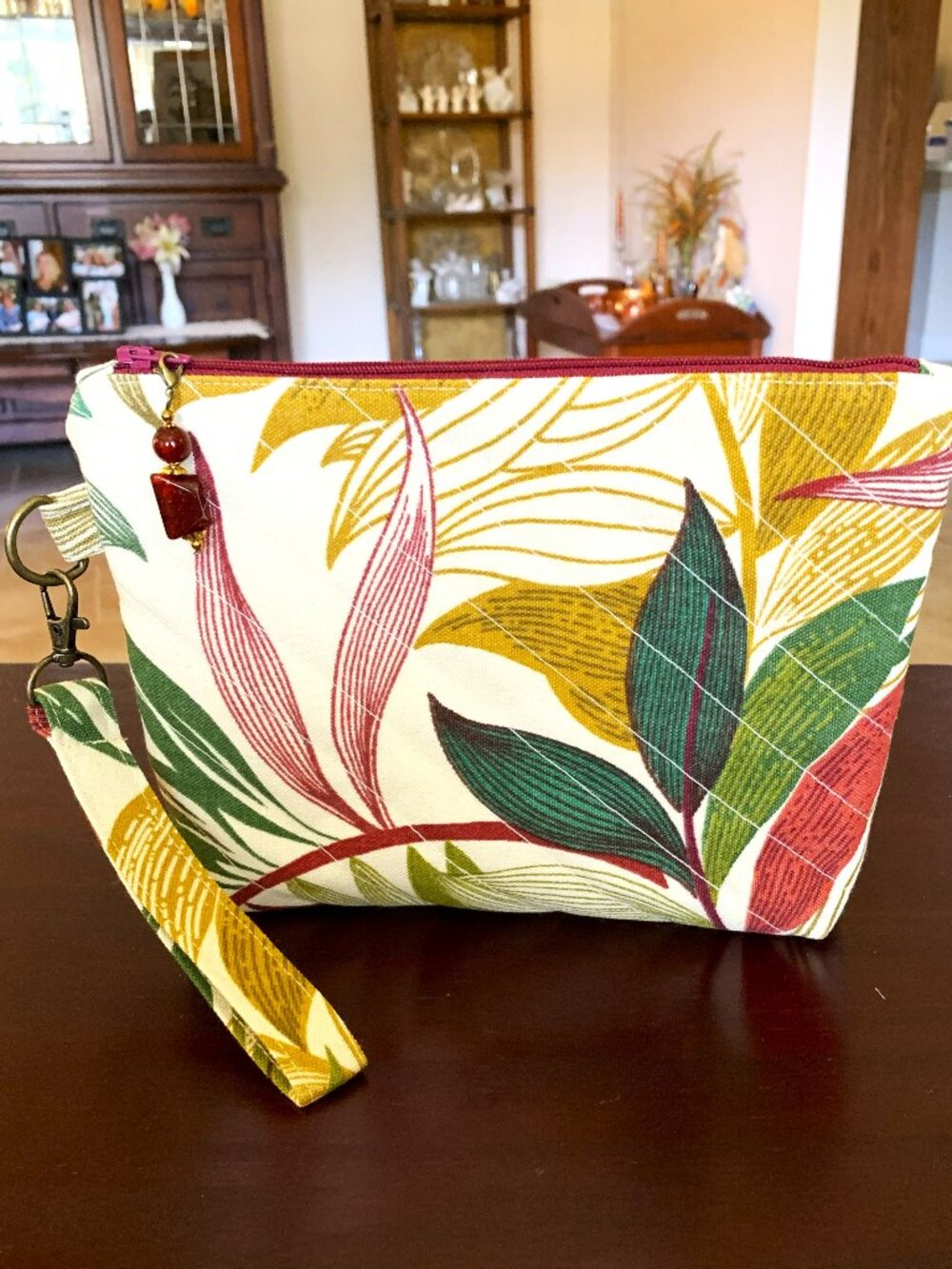 Handmade Quilted Upholstery Fabric Wristlet Zip Pouch w/ Beaded Zipper Pull